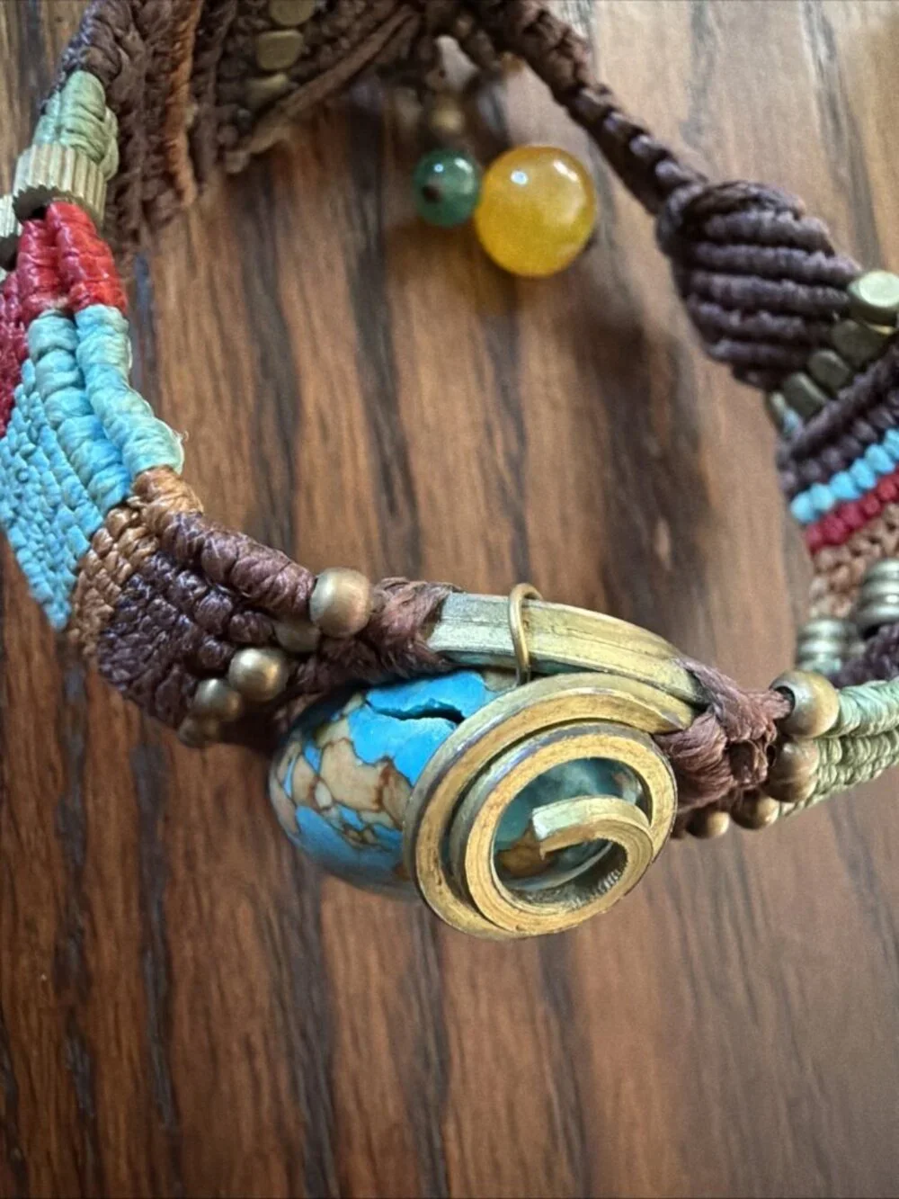 Vintage Macrame Braided Bracelet Hand Made Brass Beads Turquoise Stone FLAW